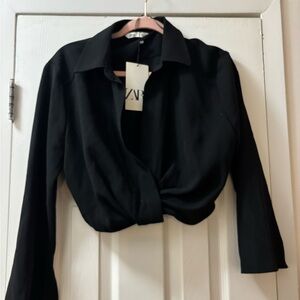 Zara Black 3/4 Sleeve Tie Front Crop Shirt